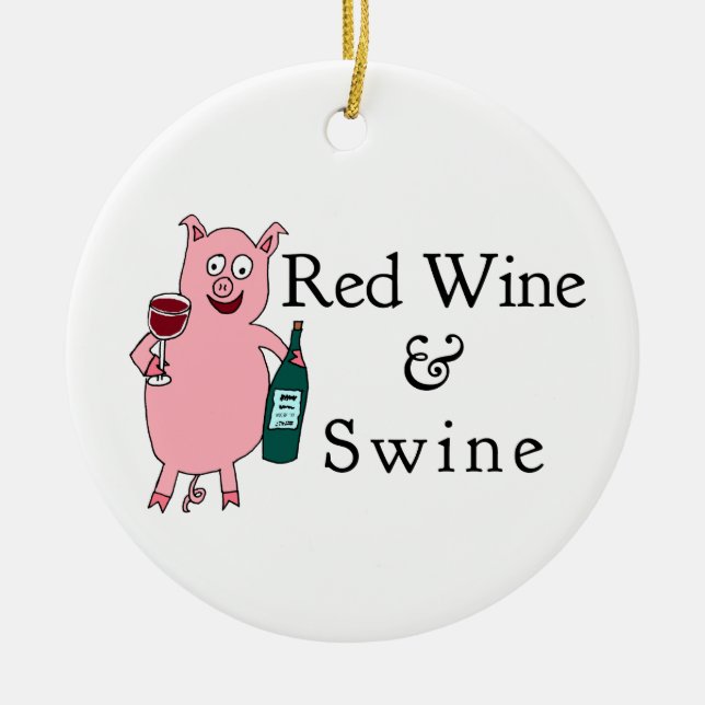 Rotwein u. Schweine Keramik Ornament (Vorne)