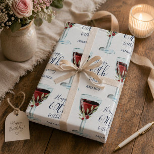 Rotweinglas Rosen Aquarell 60. Geburtstag Geschenkpapier Set