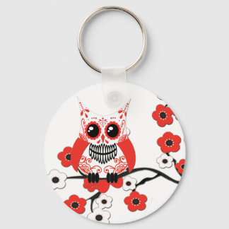 Rotweiße Kirschblüten Owl Schlüsselanhänger