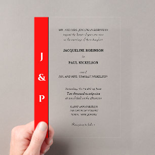 Rotweiße Monogramm-Brille und Groom Clear Acryleinladungen