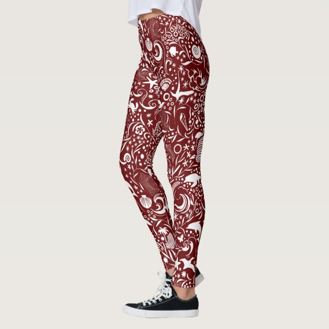 Rotweiße Ozeanmuster | Dolphin Waves Muschel Crab Leggings (Links)