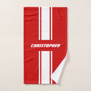 Rotweiße Streifen Monogramm Männer Kinder Jungen Badhandtuch Set