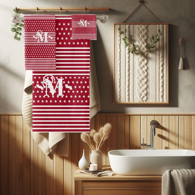 Rotweiße Unabhängigkeitsstars und Streifen Monogra Badhandtuch Set (Red White Independence Day Stars & Stripe Monogram Bath Towel Set)