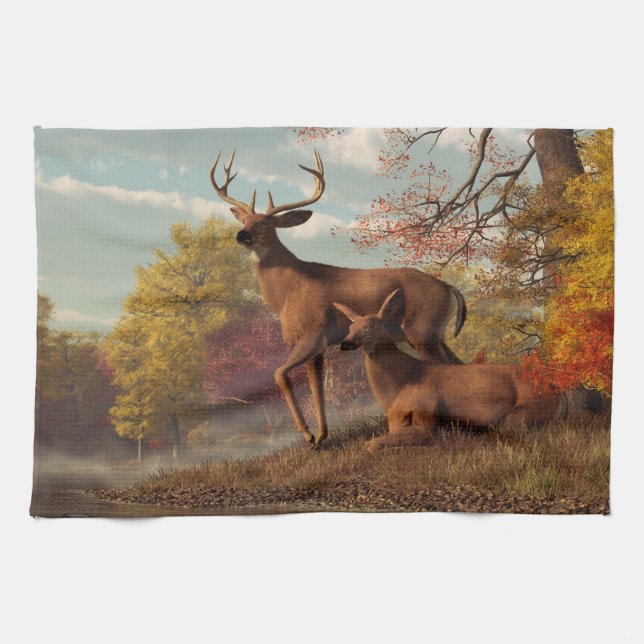 Rotwild auf einem Herbst Lakeshore Geschirrtuch (Horizontal)