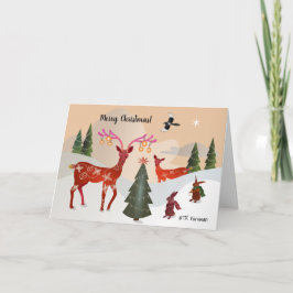 Rotwild, Häschen, Elster Weihnachten Karte