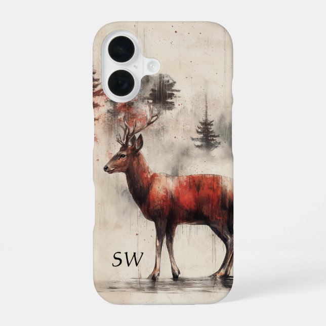 Rotwild im monogrammierten Wald iPhone 16 Hülle (Rückseite)