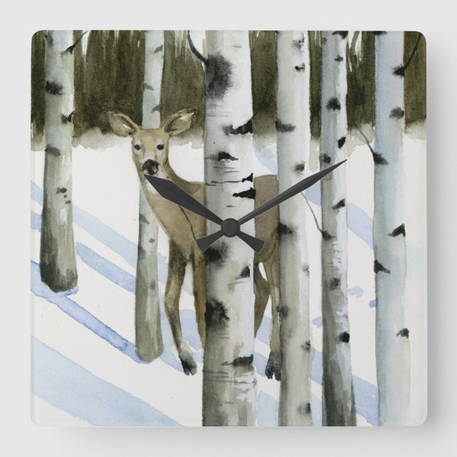 Rotwild in den Schneefällen Quadratische Wanduhr (Vorderseite)