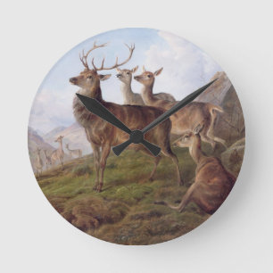 Rotwild in einer Hochland-Landschaft, 1872 (Öl Runde Wanduhr