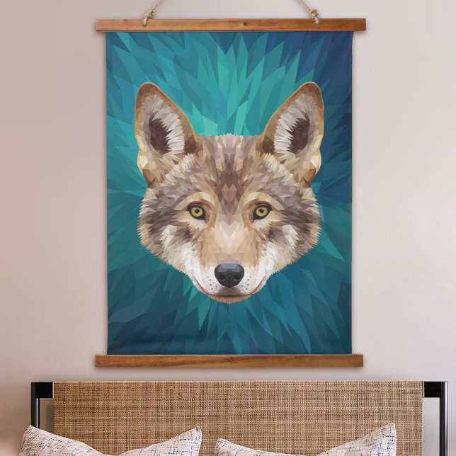 Rotwolf Low-Poly Moderne Abstrakte Tierkunst Wandteppich Mit Holzrahmen (Red Wolf Low-Poly Modern Abstract Art Animal Hanging Tapestry)