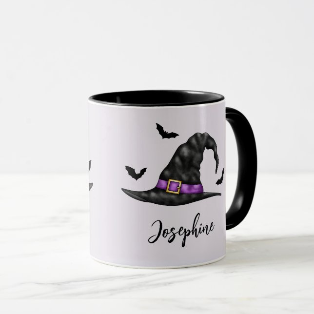 Rotzerhut mit Fledermäusen und Name Halloween Tasse (VorderseiteRechts)