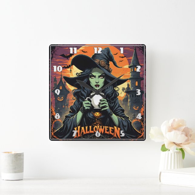 Rotzunge mit grüner Haut, die zu Halloween Tee sch Quadratische Wanduhr (Zuhause)