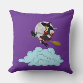 Rotzunge und schwarze Katze fliegen auf Besen Kissen