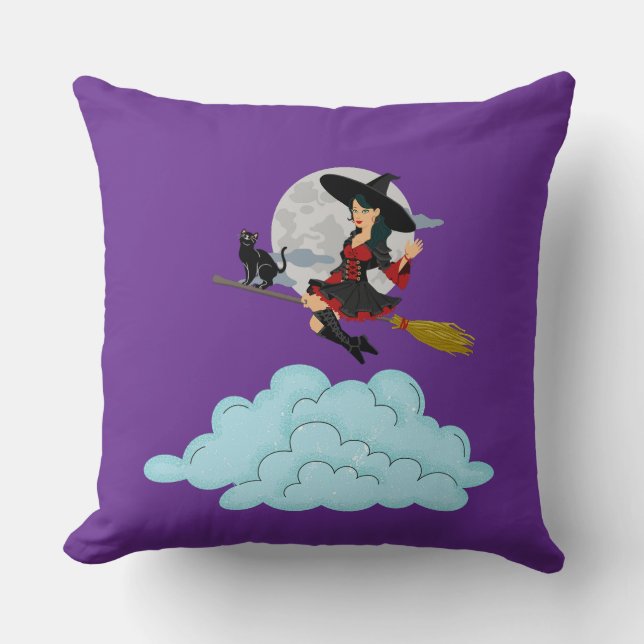 Rotzunge und schwarze Katze fliegen auf Besen Kissen (Vorderseite)