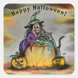 Rotzunge und schwarze Katze, glückliches Halloween Quadratischer Aufkleber