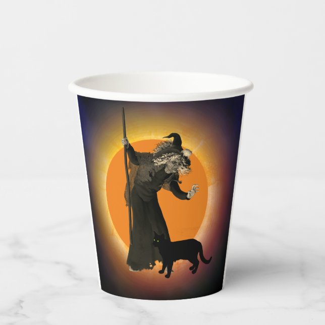 Rotzunge und schwarze Katze mit Orange Moon Paper  Pappbecher (Vorderseite)