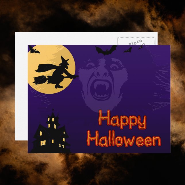 Rotzunge, Vampire und Spuk Haus Postkarte (Witch, Vampire and Haunted House Postcard)