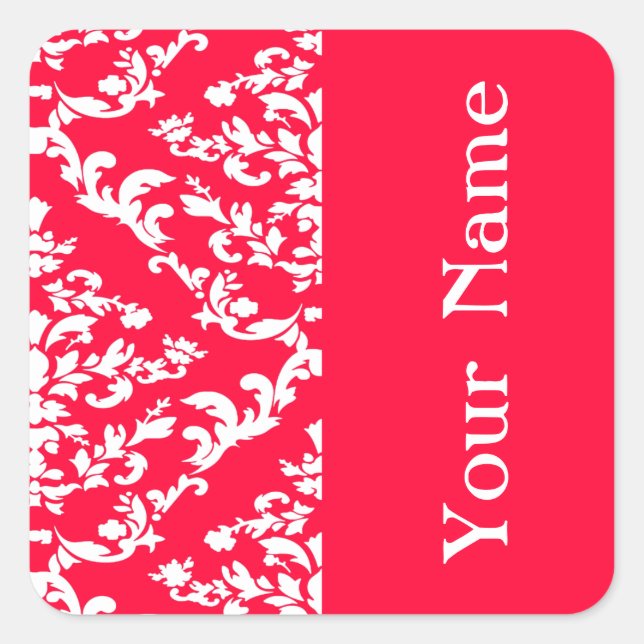 Rouge Bold Damask in Emporiomoffa mit Namen Quadratischer Aufkleber (Vorderseite)