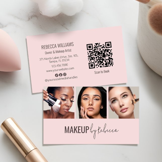 Rouge Rosa 3 Foto QR Code Moderne Schminke Visitenkarte (An elegant and modern aesthetic for your makeup business, with fully customizable photos & QR code)