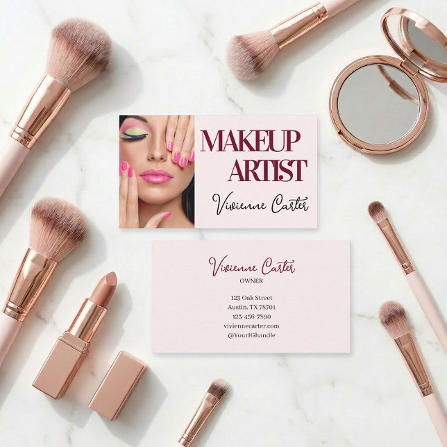 Rouge Rosa Schwarzes Skript Foto-Make-up Visitenkarte (Makeup Artist Blush Pink Business Card with Photo)