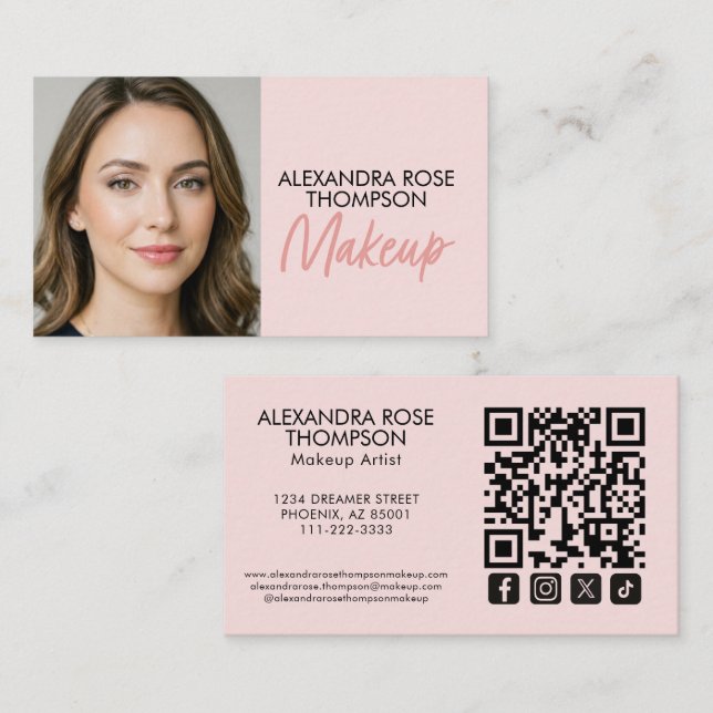 Rouge Rosa Schwarzes Skript Qr Code Social Icon Ma Visitenkarte (Vorne/Hinten)