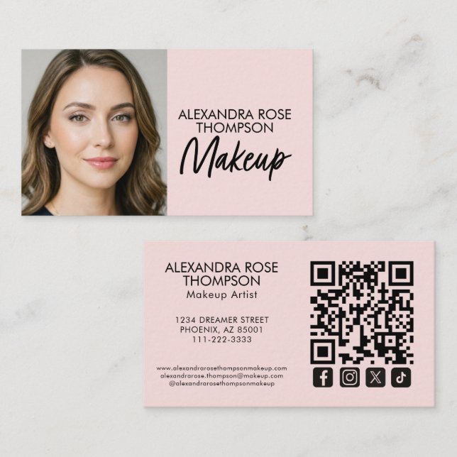 Rouge Rosa Schwarzes Skript Qr Code Social Icon Ma Visitenkarte (Vorne/Hinten)