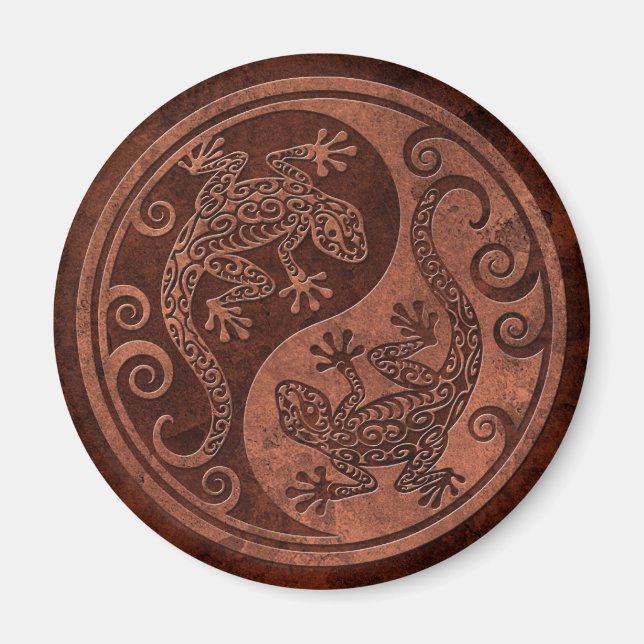 Rough Brown Stone Yin Yang Geckos Magnet (Vorne)