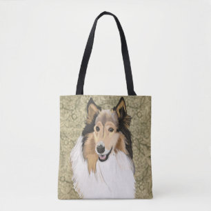 Rough Collie auf braunem blumigen Hintergrund