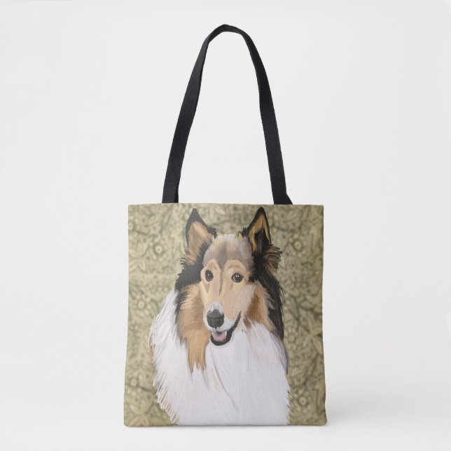 Rough Collie auf braunem blumigen Hintergrund (Vorderseite)