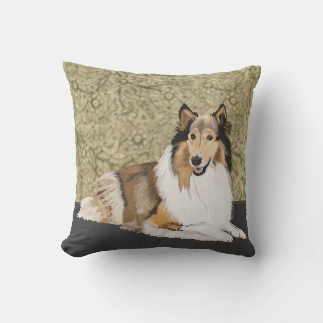 Rough Collie auf braunem blumigen Hintergrund Kissen (Vorderseite)