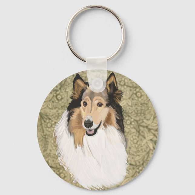 Rough Collie auf braunem blumigen Hintergrund Schlüsselanhänger (Vorderseite)