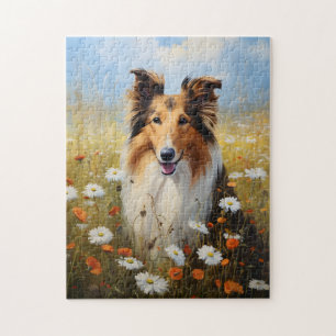 Rough Collie auf dem Gebiet der Blume Puzzle