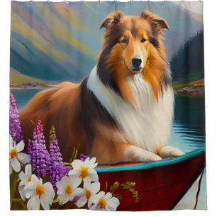 Rough Collie auf einem Paddel: Ein landschaftliche Duschvorhang