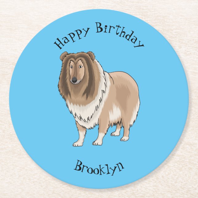 Rough Collie Cartoon Illustration Runder Pappuntersetzer (Vorderseite)
