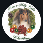 Rough Collie Christmas Geschenke Runder Aufkleber<br><div class="desc">Unsere Linie der 'Holly Collie Weihnachtsgeschenke',  sind ein exklusives Design. Machen Sie Ihr Weihnachtsfest dieses Jahr mit coolen Produkten für den echten Collie-Liebhaber.</div>