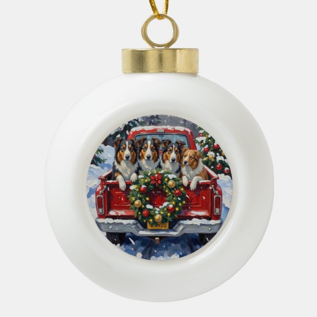 Rough Collie Christmas Red Truck Holiday Keramik Kugel-Ornament (Vorderseite)