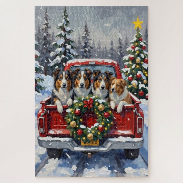 Rough Collie Christmas Red Truck Holiday Puzzle (Vertikal)
