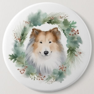 Rough Collie Christmas Wreath Button