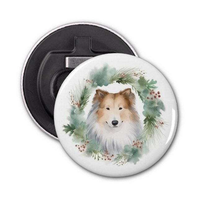 Rough Collie Christmas Wreath Flaschenöffner (Vorderseite)
