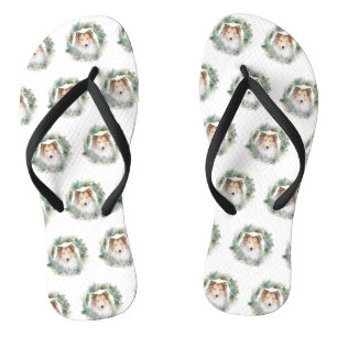Rough Collie Christmas Wreath Flip Flops