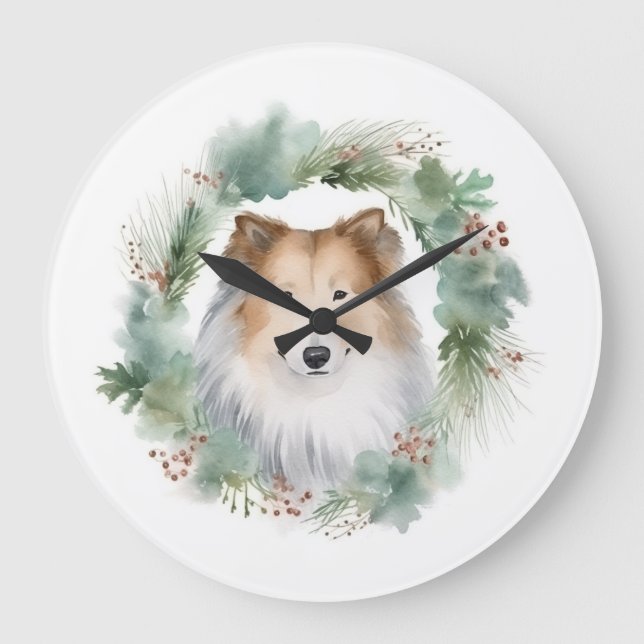 Rough Collie Christmas Wreath Große Wanduhr (Vorderseite)