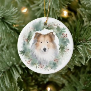 Rough Collie Christmas Wreath Keramik Ornament