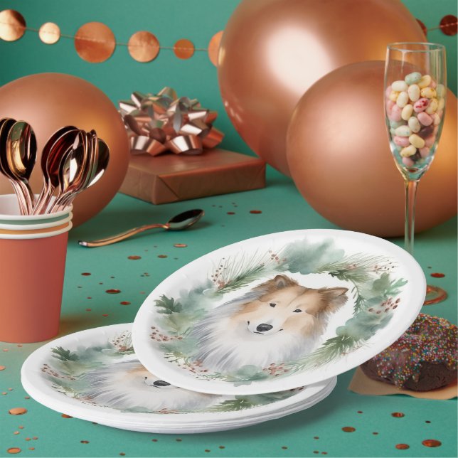 Rough Collie Christmas Wreath Pappteller (Multi)