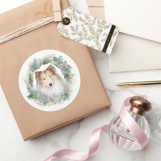 Rough Collie Christmas Wreath Runder Aufkleber (Schenken)