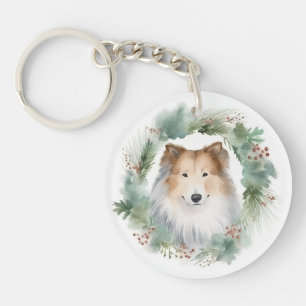 Rough Collie Christmas Wreath Schlüsselanhänger