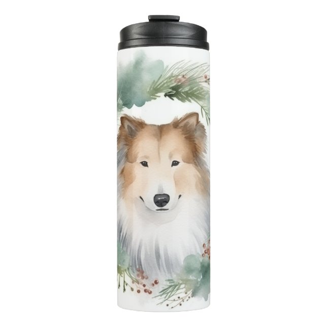 Rough Collie Christmas Wreath Thermosbecher (Vorderseite)