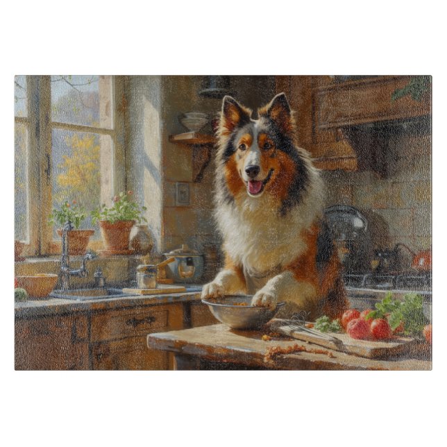 Rough Collie Cooking in Kitchen Schneidebrett (Vorderseite)