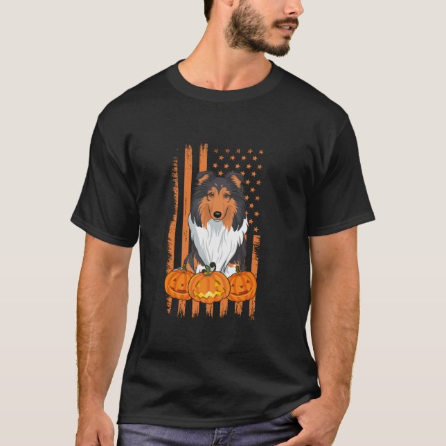 Rough Collie Dog American Flag Patriotic Halloween T-Shirt (Vorderseite)