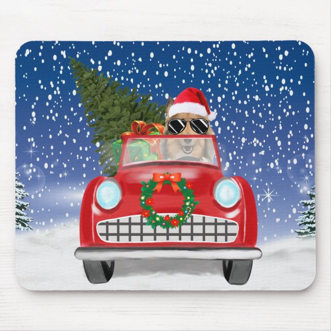 Rough Collie Dog Autofahren Auto in Schnee Weihnac Mousepad (Vorne)
