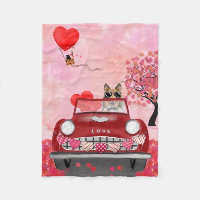Rough Collie Dog Car mit Herzvalentiner Fleecedecke (Vorderseite)