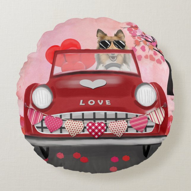 Rough Collie Dog Car mit Herzvalentiner Rundes Kissen (Vorderseite)